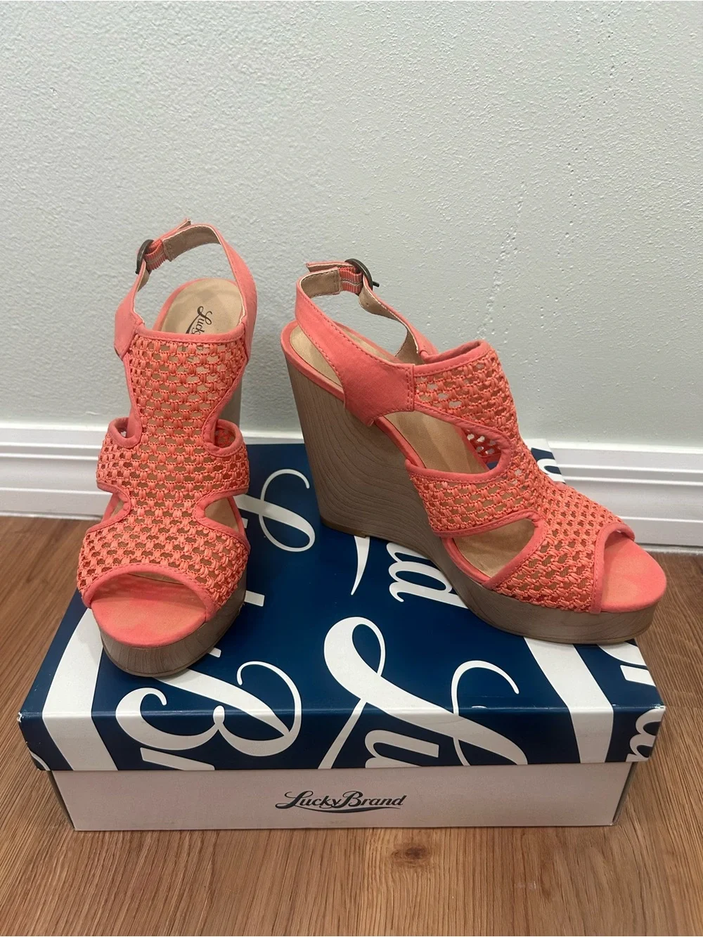 Lucky Brand Coral Crochet Wedge Sandals